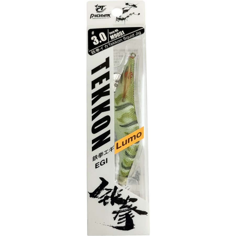 Pioneer Tekkon squid jig featuring vibrant green color and luminous design for effective squid fishing.