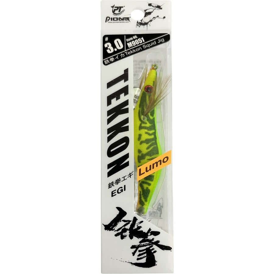 Pioneer Tekkon squid jig in vibrant colors, designed to attract squid effectively for day and night fishing.