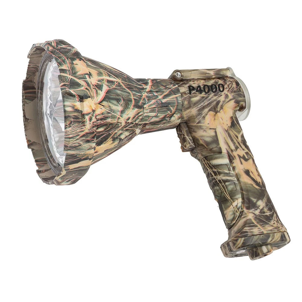 Spotlight for fishing and camping, camouflaged design, powerful LED light source for outdoor use.