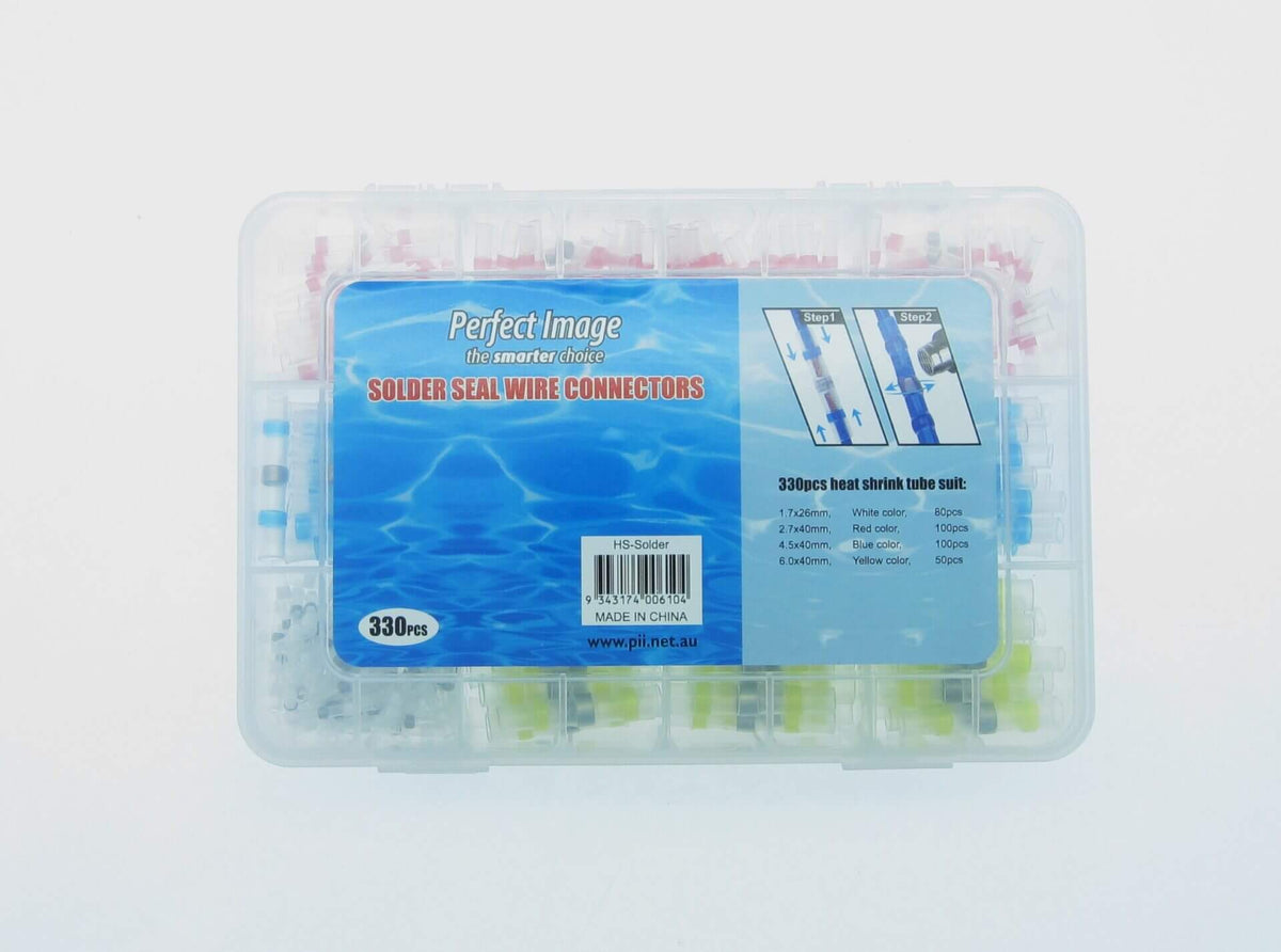 330pcs Solder Seal Wire Connectors kit in clear case, featuring various colors for secure electrical connections.