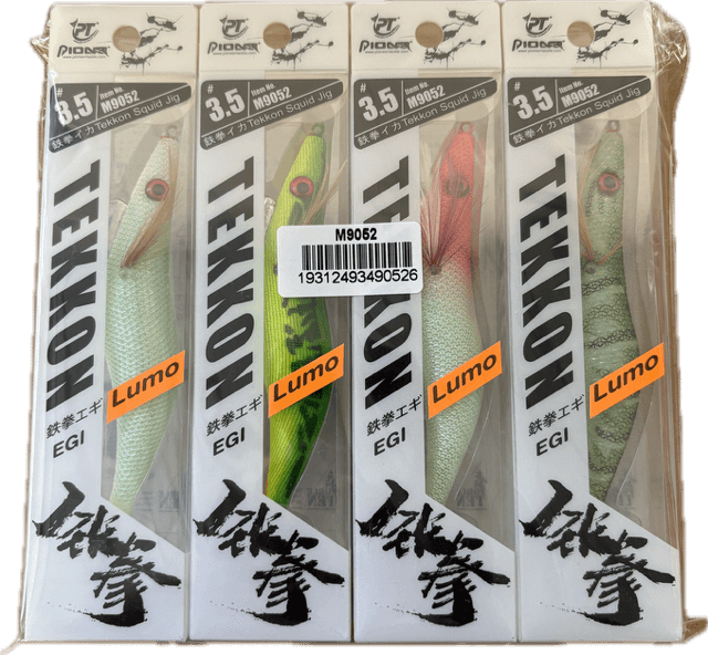 Set of four vibrant Pioneer squid jigs with luminous bodies, designed for effective squid fishing in all lighting conditions.