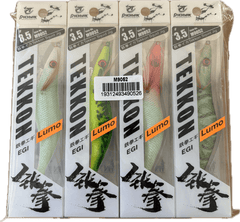 Set of four vibrant Pioneer squid jigs with luminous bodies, designed for effective squid fishing in all lighting conditions.