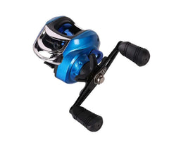 Precision blue baitcasting reel featuring dual handles and sleek chrome accents for optimal fishing performance.