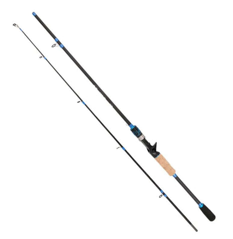 Bait cast rod 2.1 meters with cork grip and blue accents, ideal for fishing adventures and reeling in big catches.