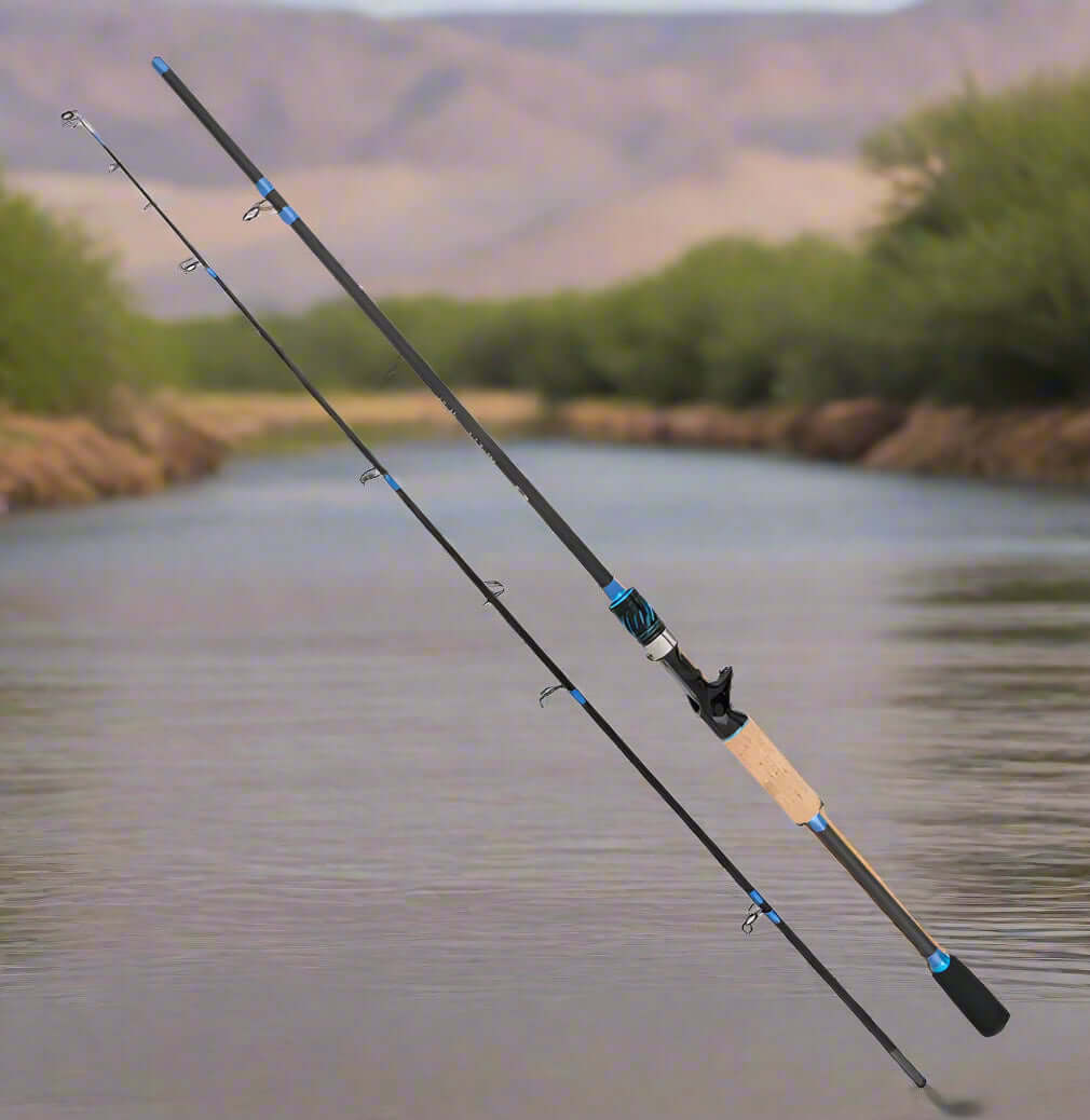 Fishing rod 2.1 meters with cork grip and blue accents, perfect for bait casting in freshwater adventures.