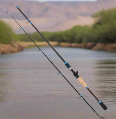 Fishing rod 2.1 meters with cork grip and blue accents, perfect for bait casting in freshwater adventures.