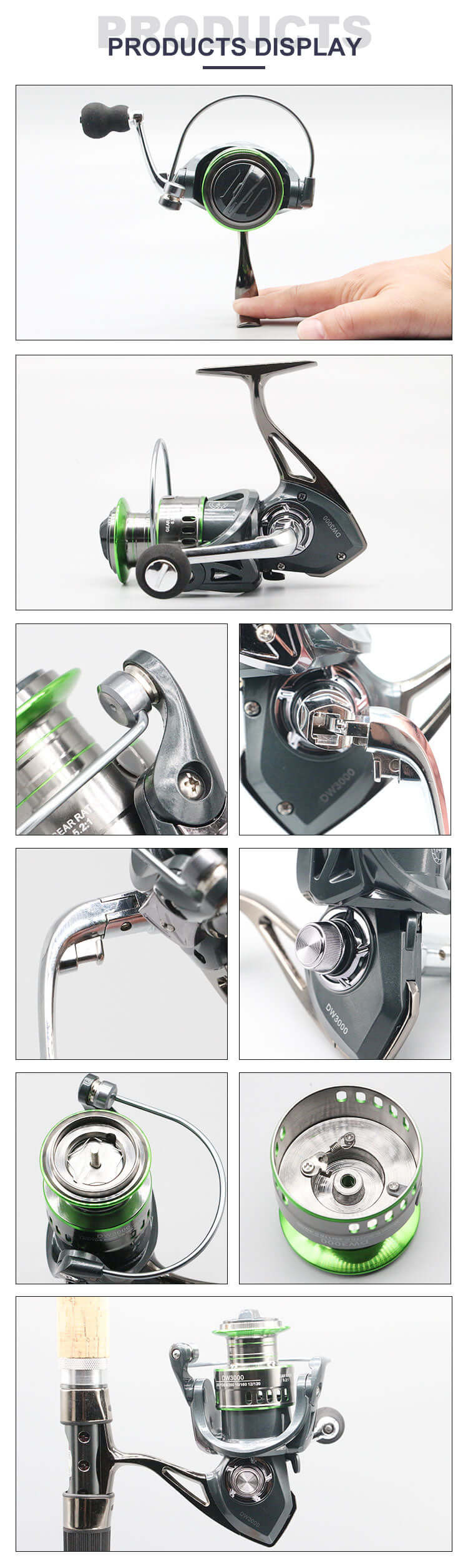 Product display of DW Fishing Reel showcasing features like spool, drag system, and handle design.