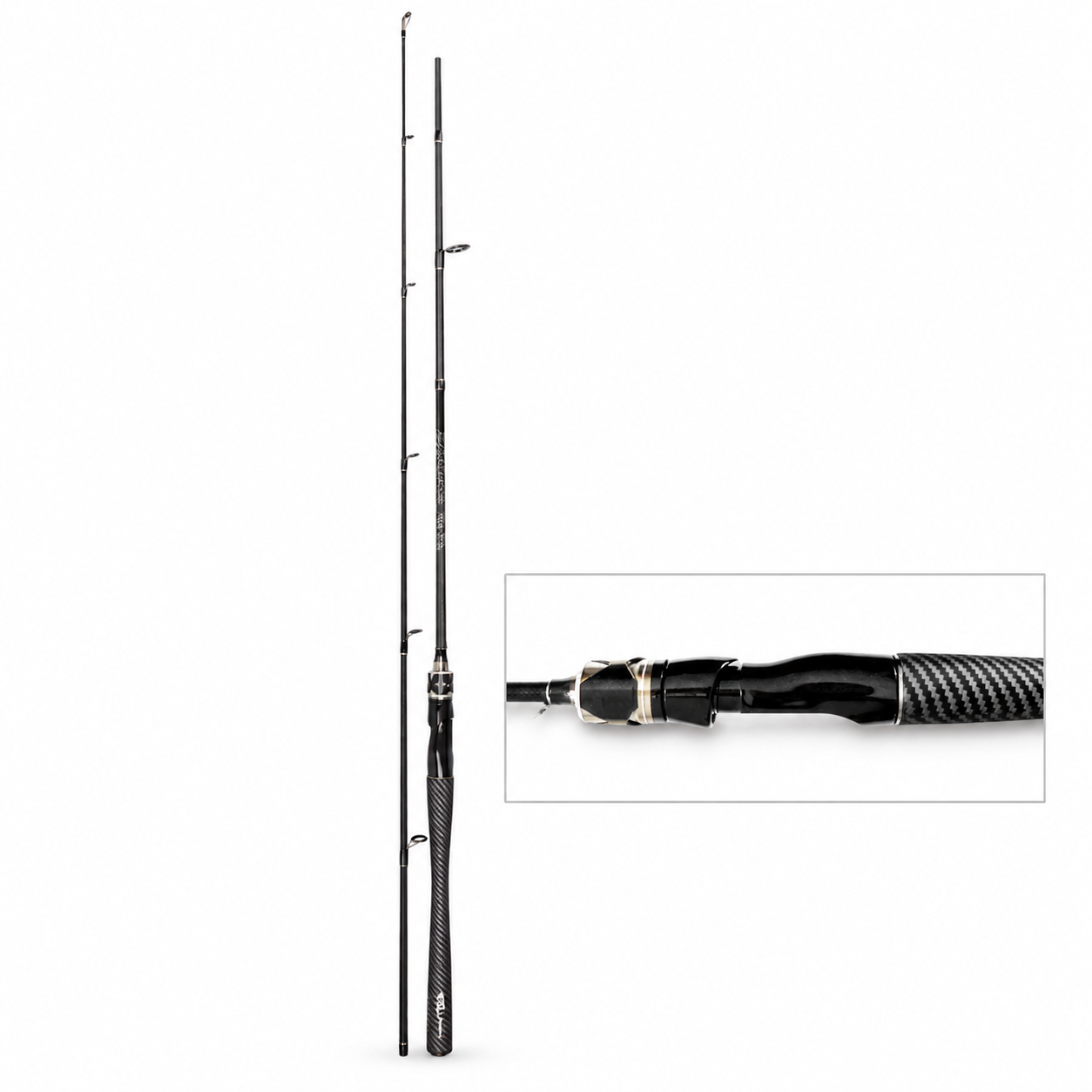 Grandmaster 1.8m carbon spinning rod full length with six guides and reel seat detail
