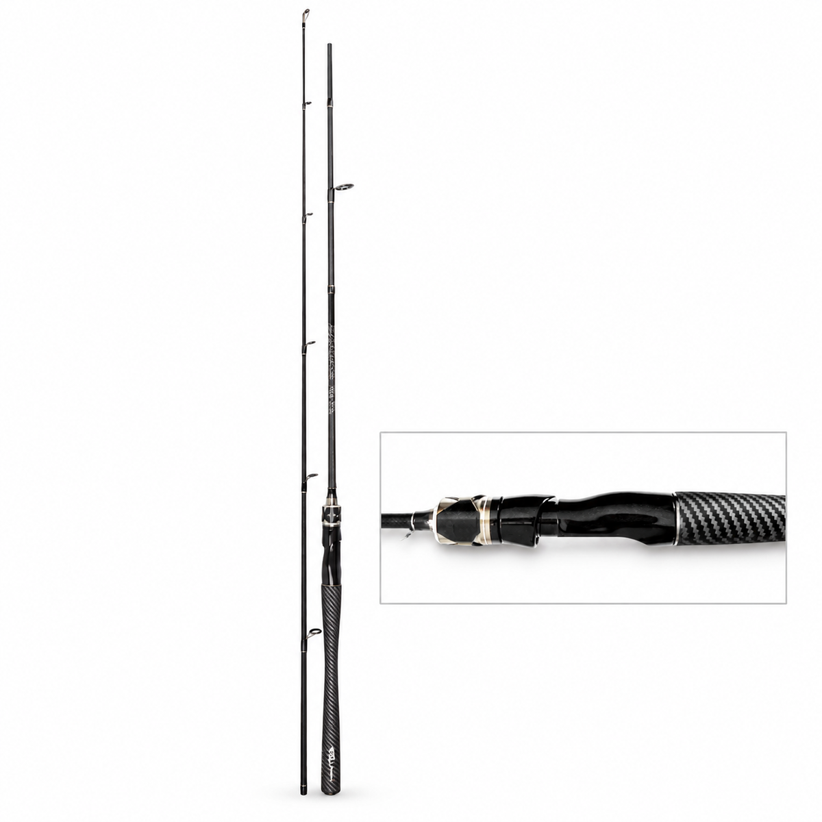 Grandmaster 1.8m carbon spinning rod full length with six guides and reel seat detail