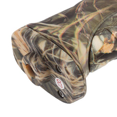 Close-up of the handle of a camouflage spotlight for fishing and camping use.