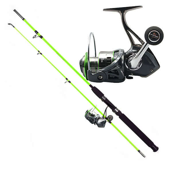 Spin combo fishing rod and reel featuring a green fishing rod and a high-quality reel for versatile fishing.
