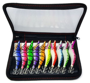 Pack of 10 Mongrel 3.5 Squid Jigs  Plus a UV Squid Jig Rejuvinator  Watch your jigs glow and attract more squid.